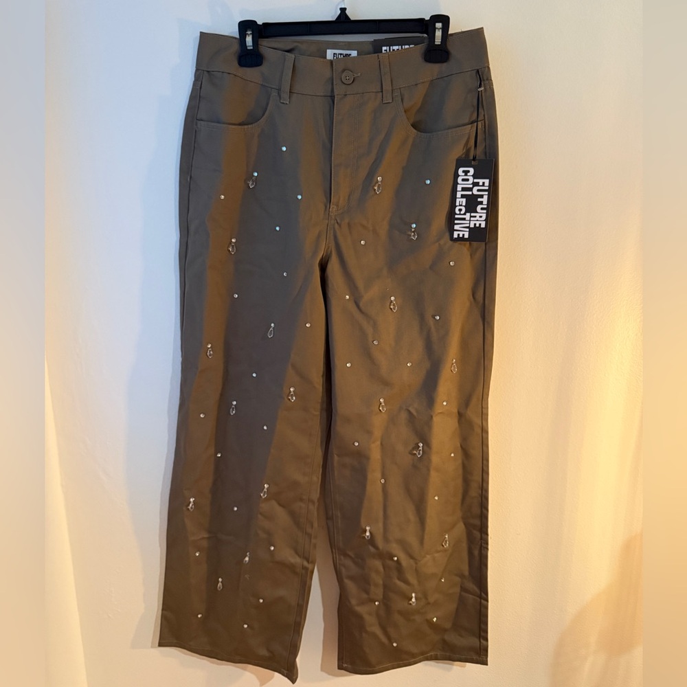 Future Collective Olive Wide-Leg Pants with Embellishment